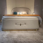 White Quilted Leather Bed Bench with Gold Lock & Stainless Steel Base